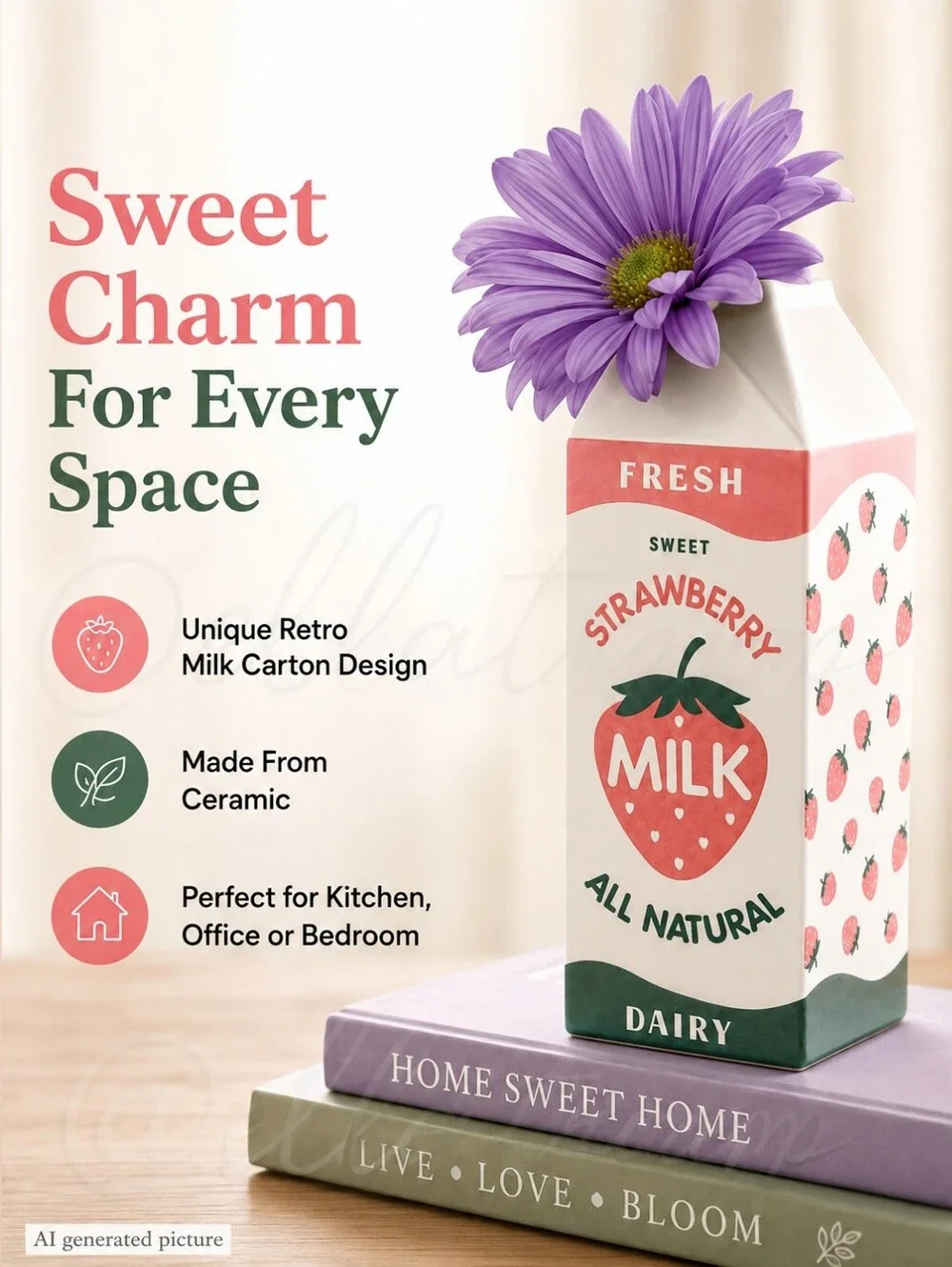 Bien Beau Retro Strawberry Milk Carton Vase Kawaii Ceramic Pink Decor 8.5